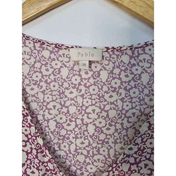 Pablo Women's Short Sleeve Pleated Blouse Top Size 38 Floral Button Front Pink - Picture 3 of 6